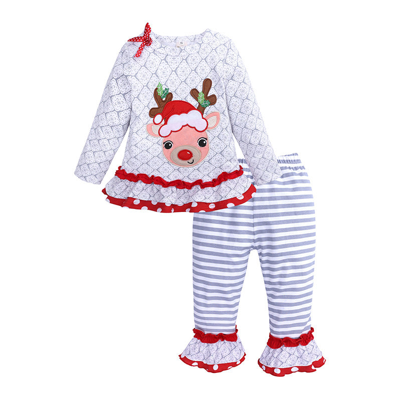 Christmas Children's Clothing Girls' Long-sleeved Reindeer Top Striped Pants Set