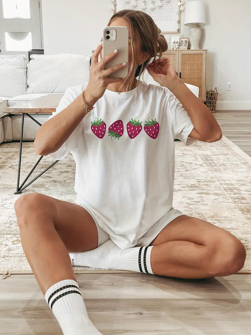 Fruit Strawberry Round Neck Short Sleeve Top For Women