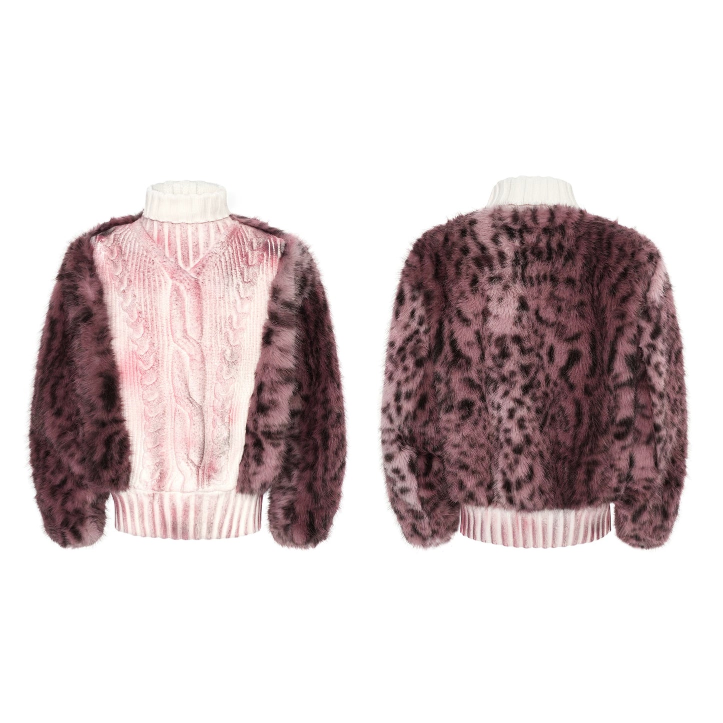 Mens Light-Luxury Leopard-Print Fur-Panelled Turtleneck Sweater
