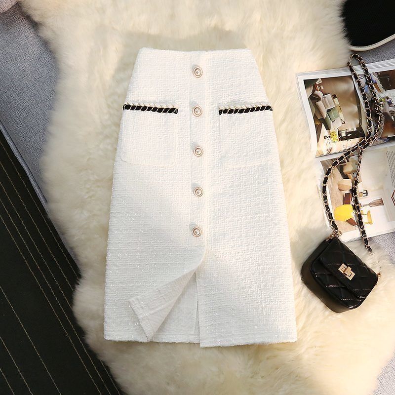 High Waist Slimming Breasted Pocket A- Line Slit Skirt