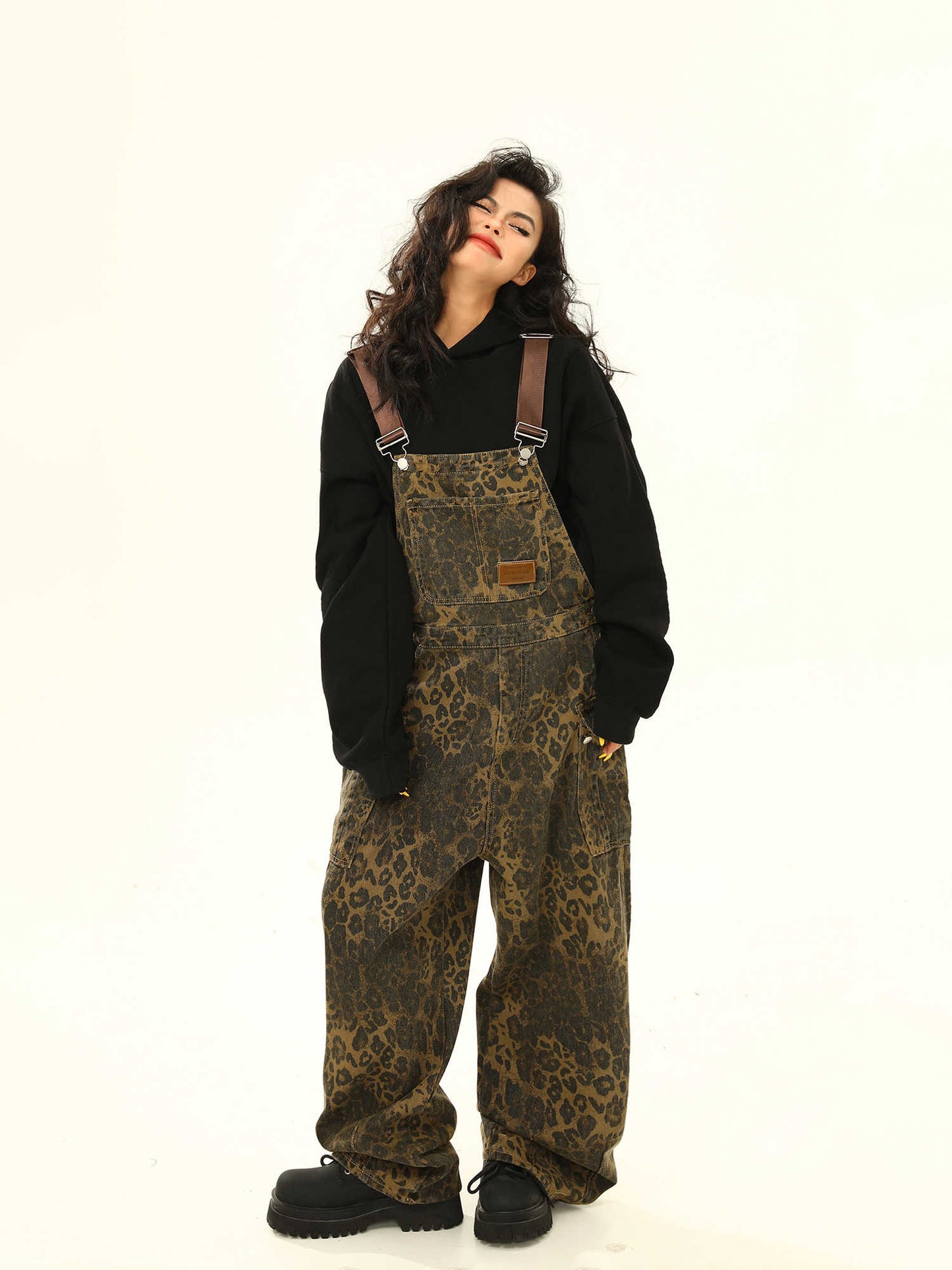 Leopard Print Cargo Pocket Suspender Pants Loose Wide Leg Jeans