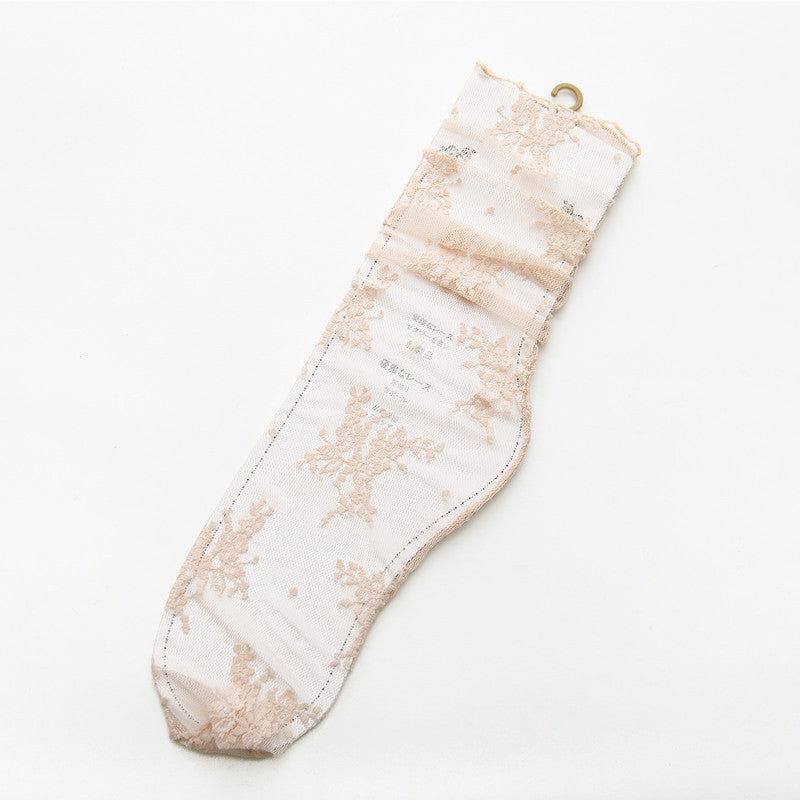 Spring And Summer New Women's Socks Sweet Japanese Solid Color Big Flower Hollow Stockings