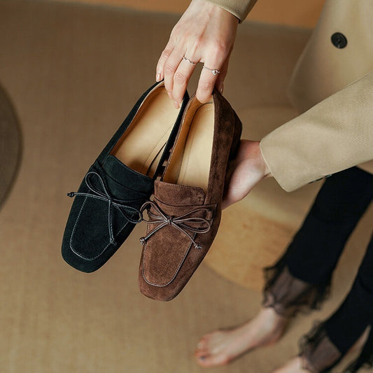 Spring And Autumn New Square Toe Chunky Heel Pumps Bow Comfortable Split Leather High Heel