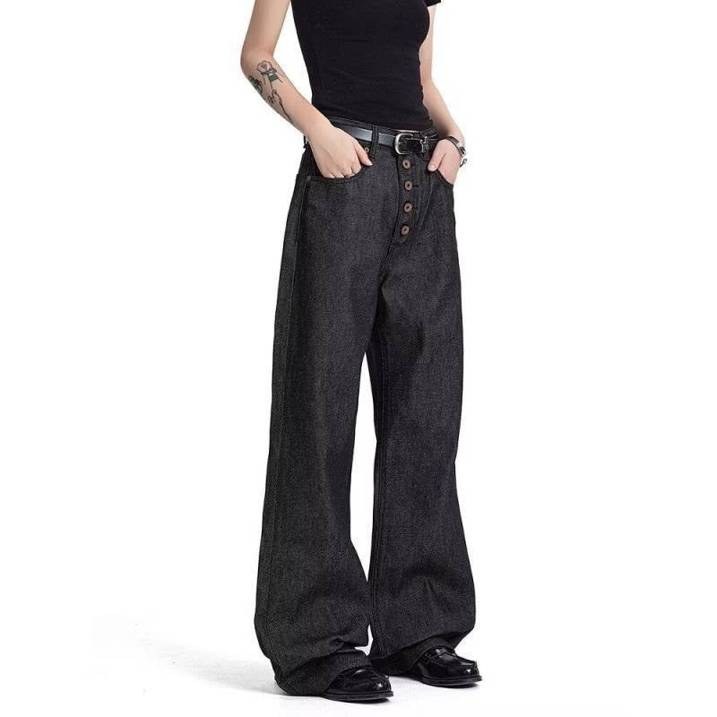 American-style Button-fly Black Raw Denim Bootcut Jeans