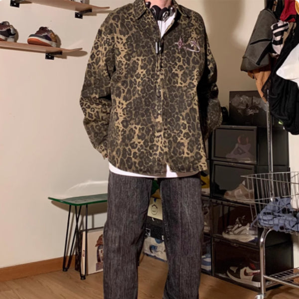 Vintage Leopard Print Water-washing Embroidery Denim Coat