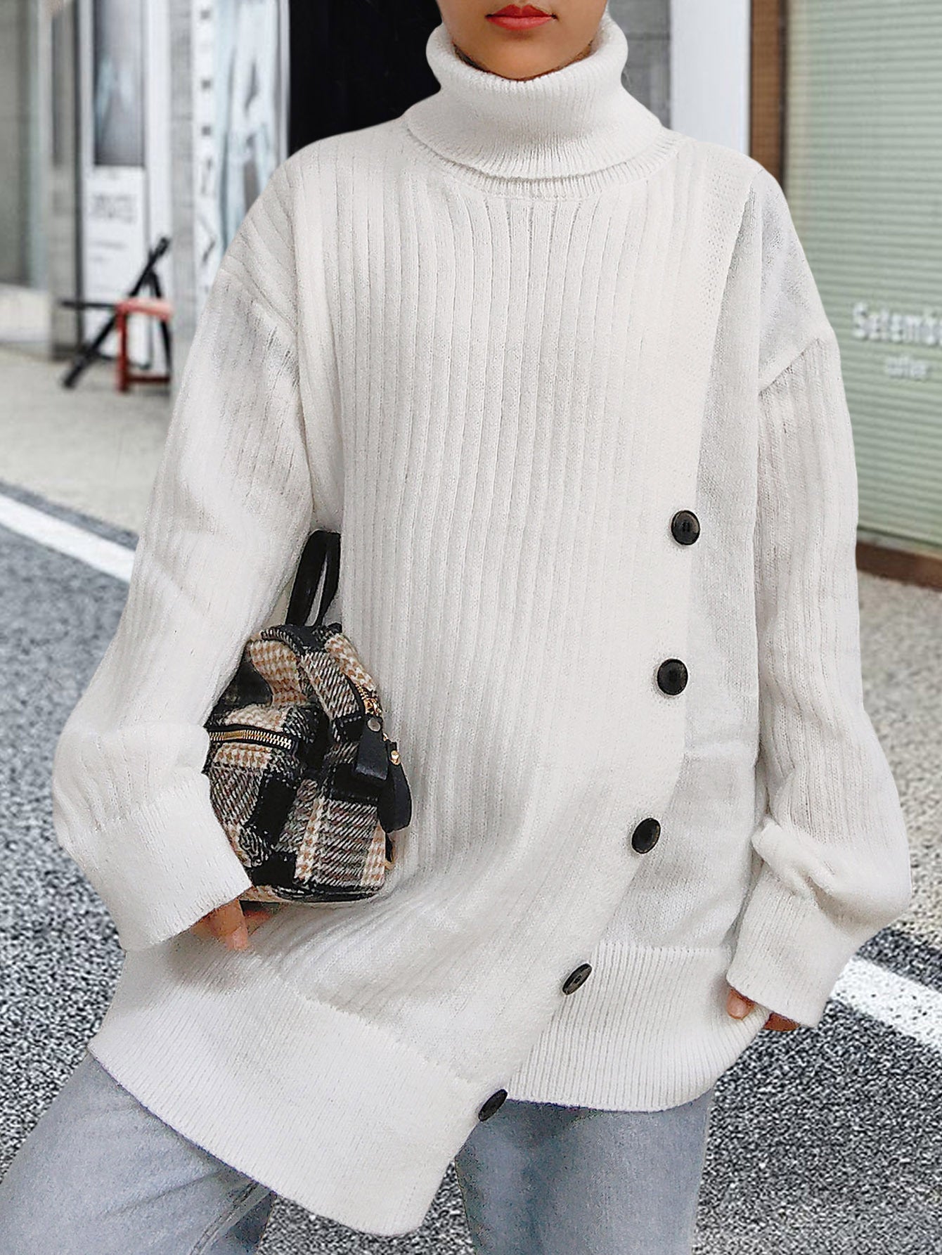 Women's Turtleneck Sweater Fastener Decoration