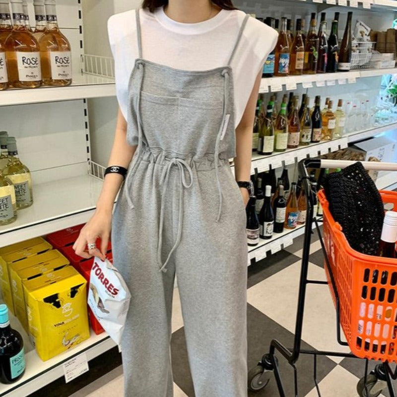 European And American Ladies Elegant Drawstring Waist Trimming Loose Wide Leg Pants Suspender Pants Simple Style