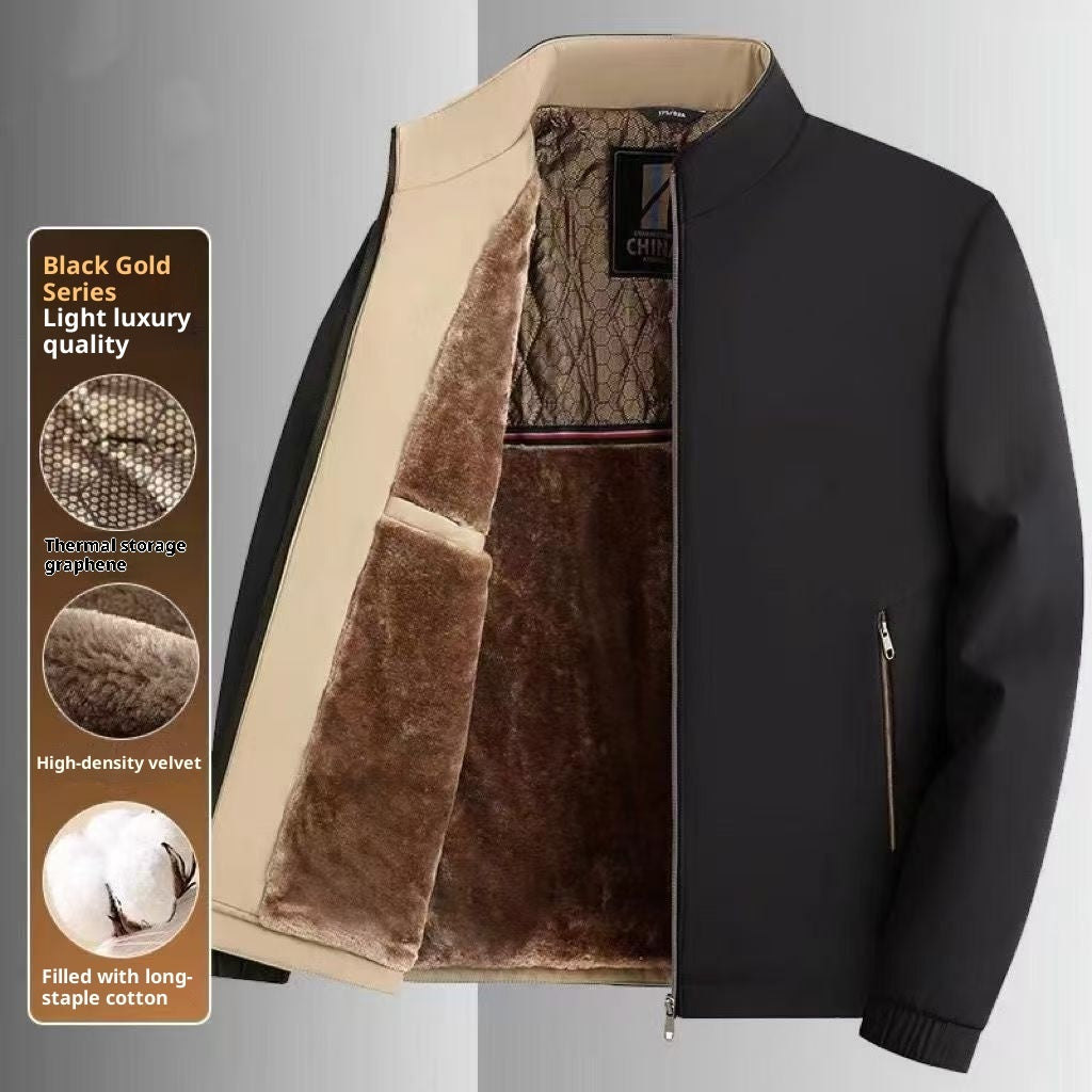 Middle-aged And Elderly Men's Fleece-lined Stand Collar Thickened Mid-aged Graphene Jacket Casual Warm High-end Coat