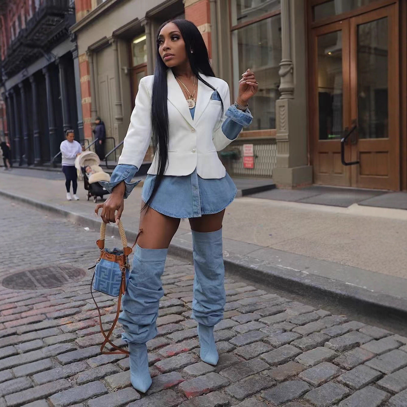 Casual Womens Patchwork Denim Blazer