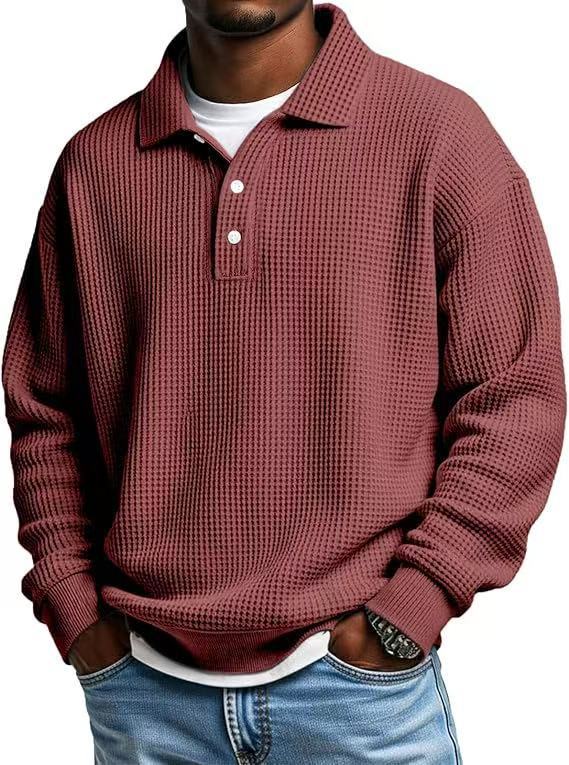 Men's Waffle-Knit Polo Shirt, Retro Solid-Color Top