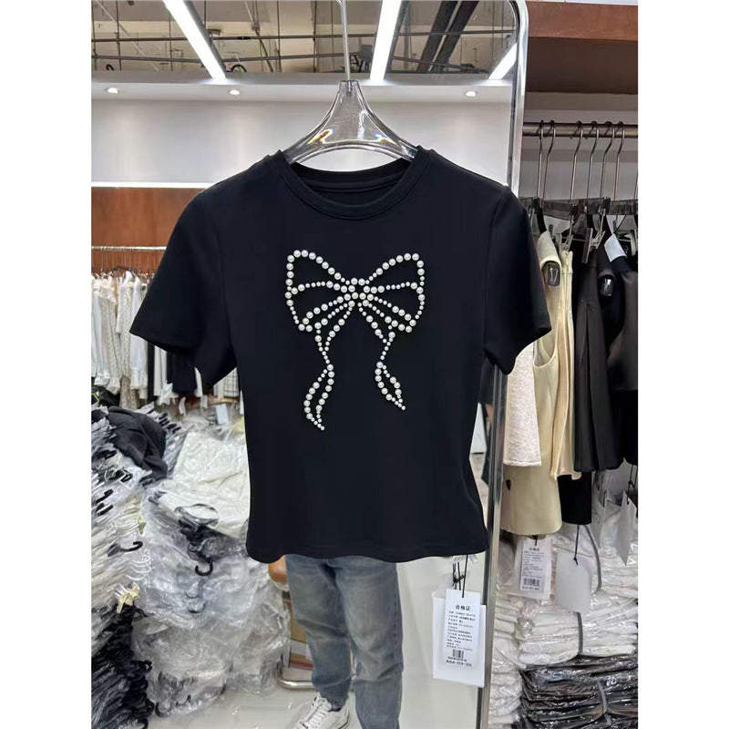 New Beaded Pearl Bow Short-sleeve Top