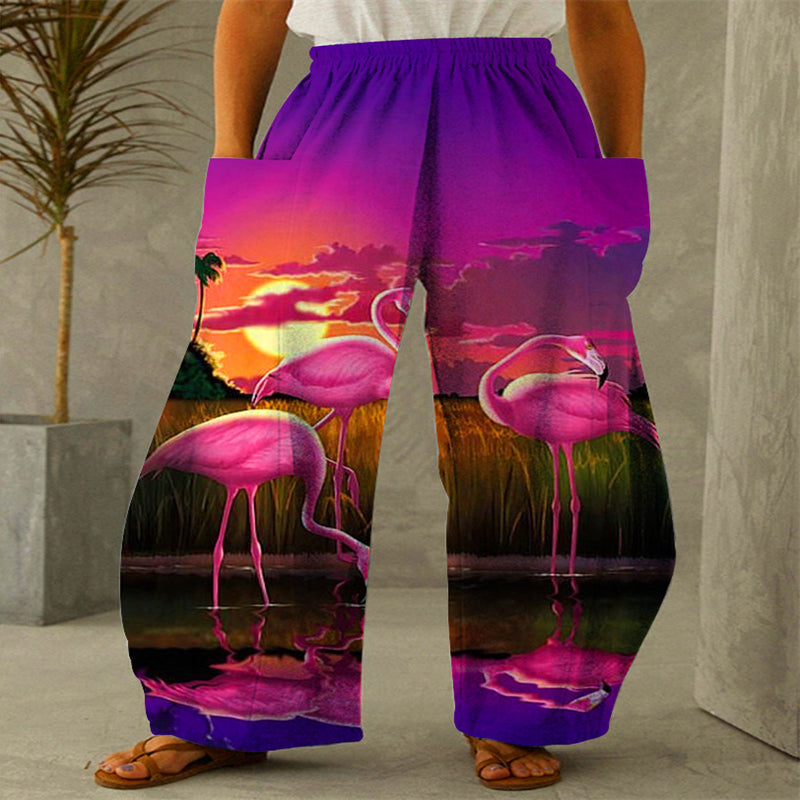 New Printed Wide-leg Pants Flower And Bird Loose Casual Wide-leg Trousers