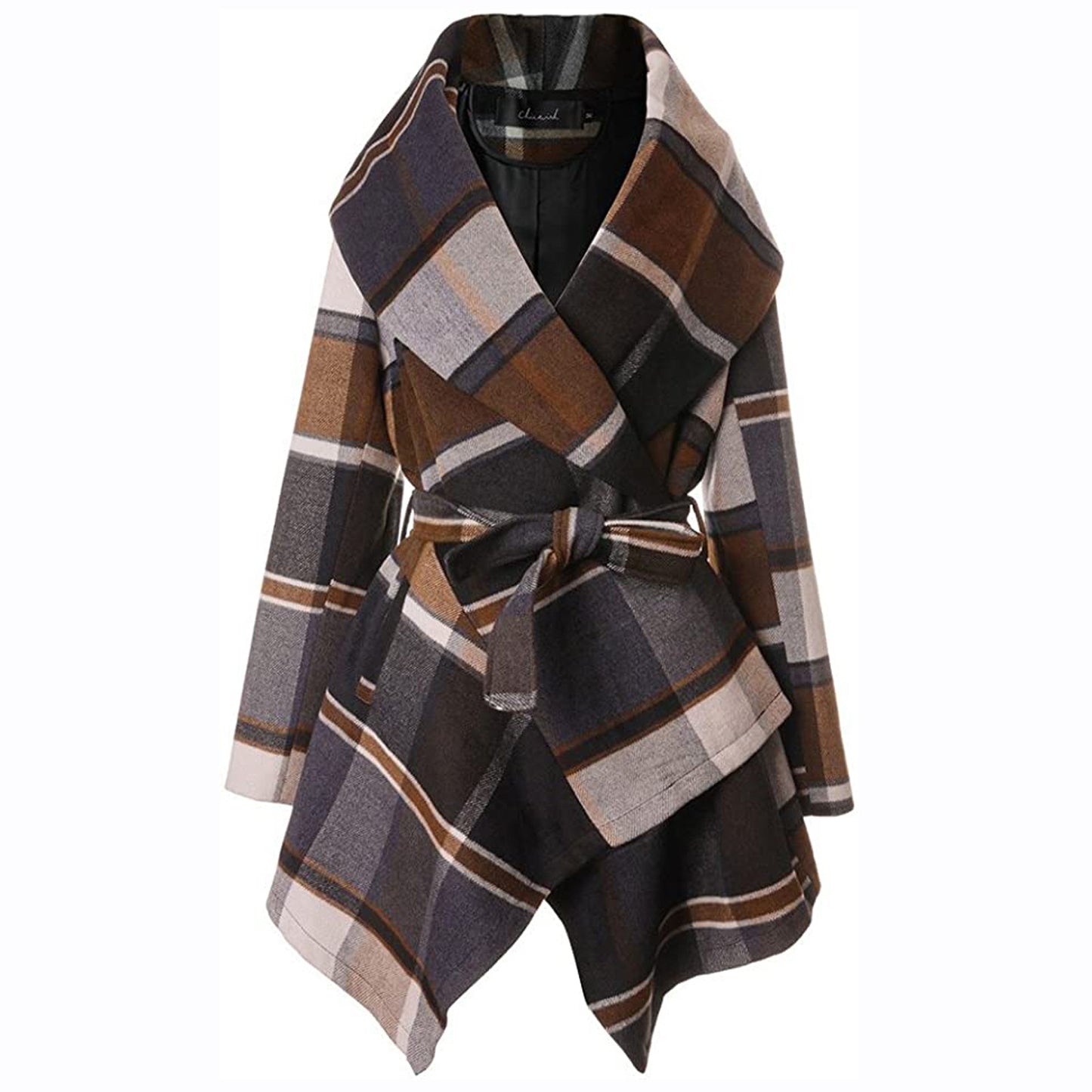 Lace-up Plaid Color Matching Woolen Coat Mid-length Trench Coat For Women