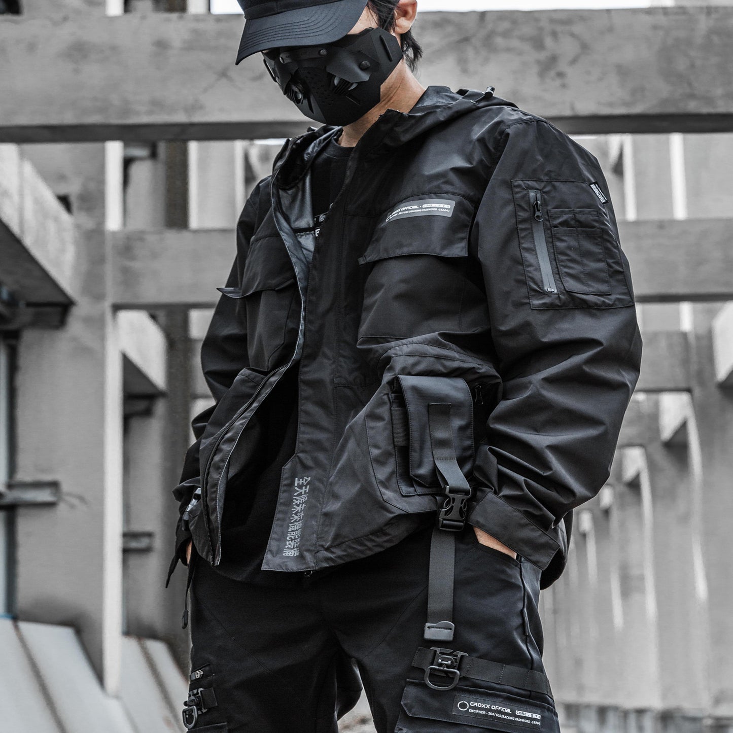 Men's Functional Loose Jacket Dark Hooded Windproof Stitching Reflective
