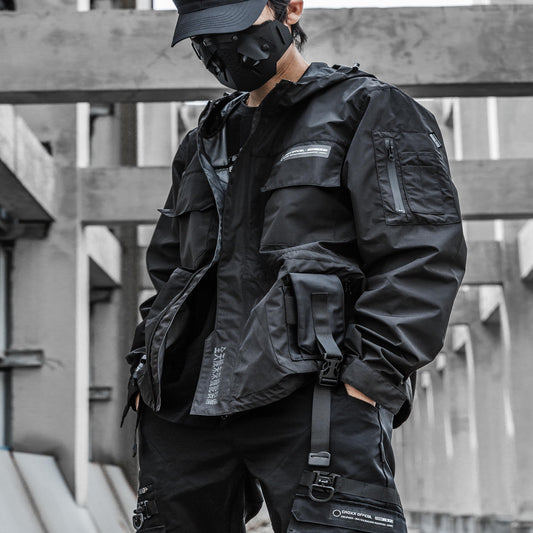 Men's Functional Loose Jacket Dark Hooded Windproof Stitching Reflective
