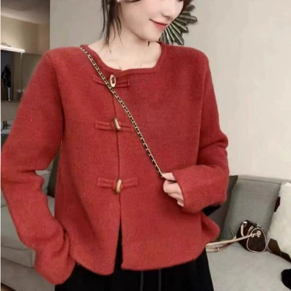 Round Neck Gentle Temperament Horn Button Sweater Coat