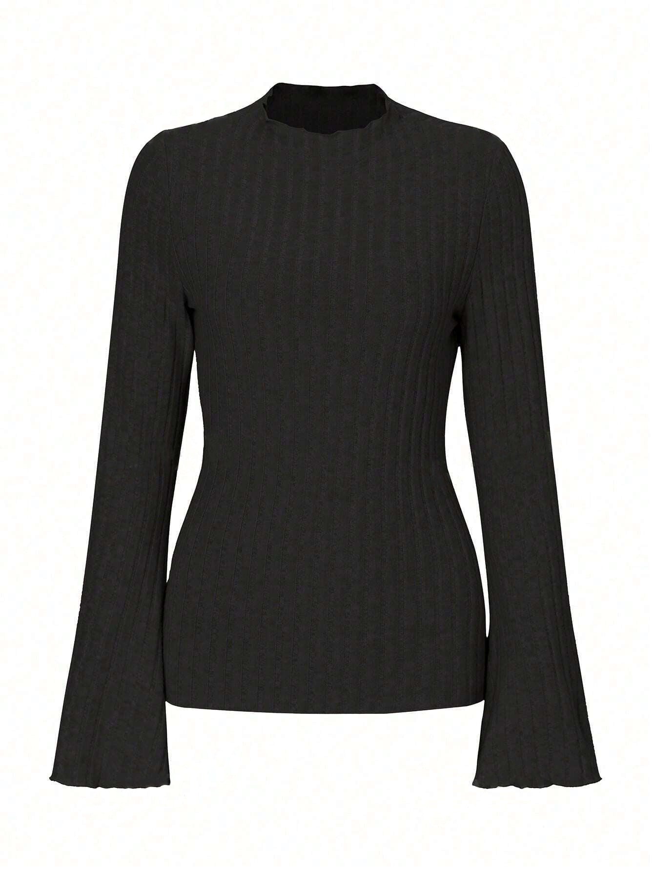 Long Sleeve Round Neck Brushed Sunken Stripe Solid Color Slim Fit Top