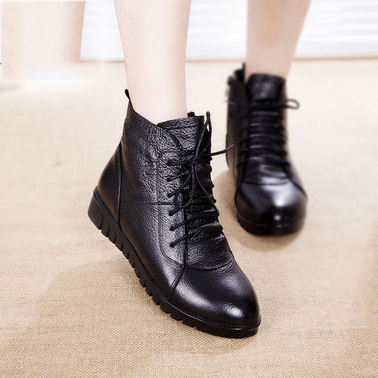 Winter Women's Shoes Leather Non Slip Short Boots Women's Mother's Cotton Shoes Lace Up Snow Boots Women's Warm Shoes Short Boots
