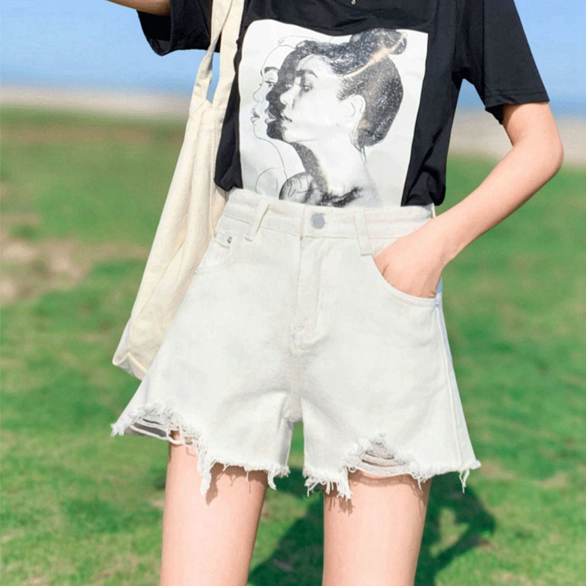 Black And Gray Ripped-out Denim Hot Pants
