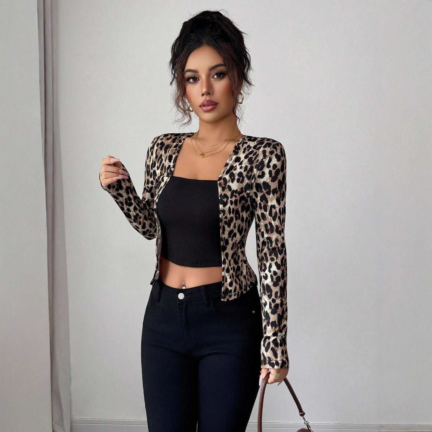 Leopard Print Contrast Color Cardigan T-shirt Long-sleeved Women Blouse