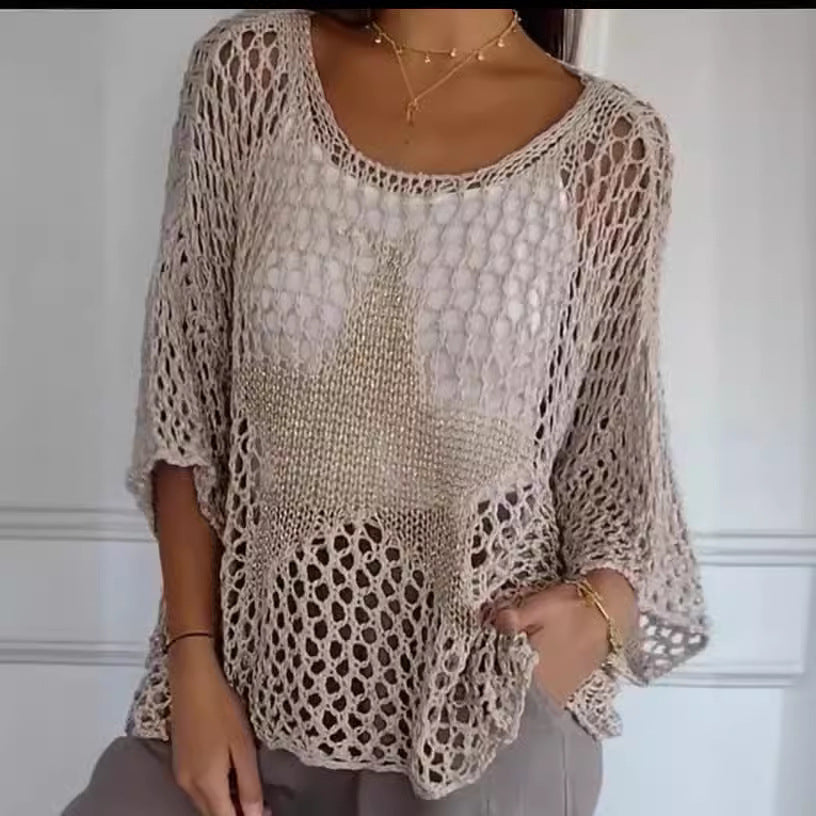 Five-Star Round Neck Sweater Women's Three-quarter Sleeve Top