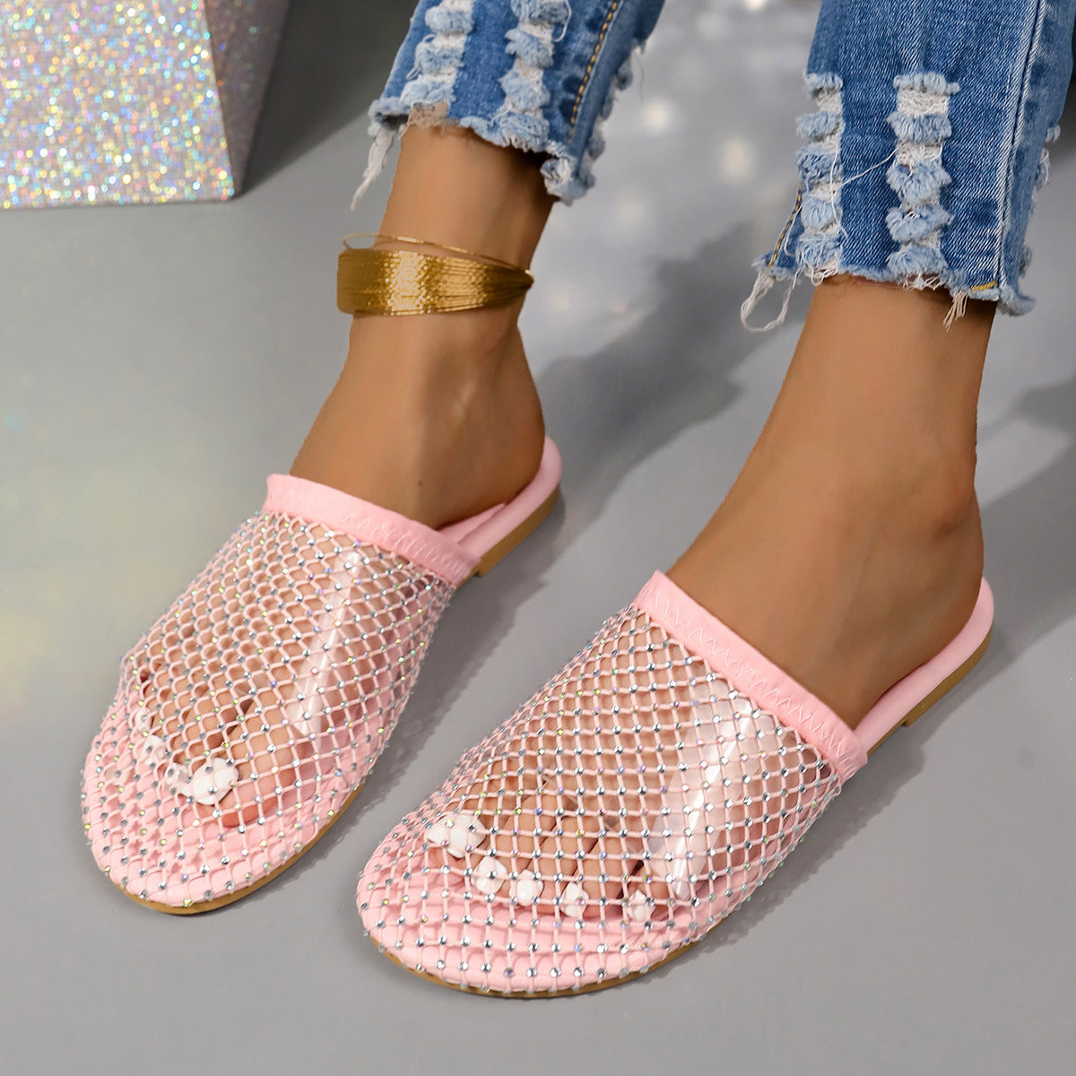 Hule Gennemsigtige Sandaler Med Rhinestones Sommer Mode Udendørs Hjemmesko Flade Sko Til Kvinder