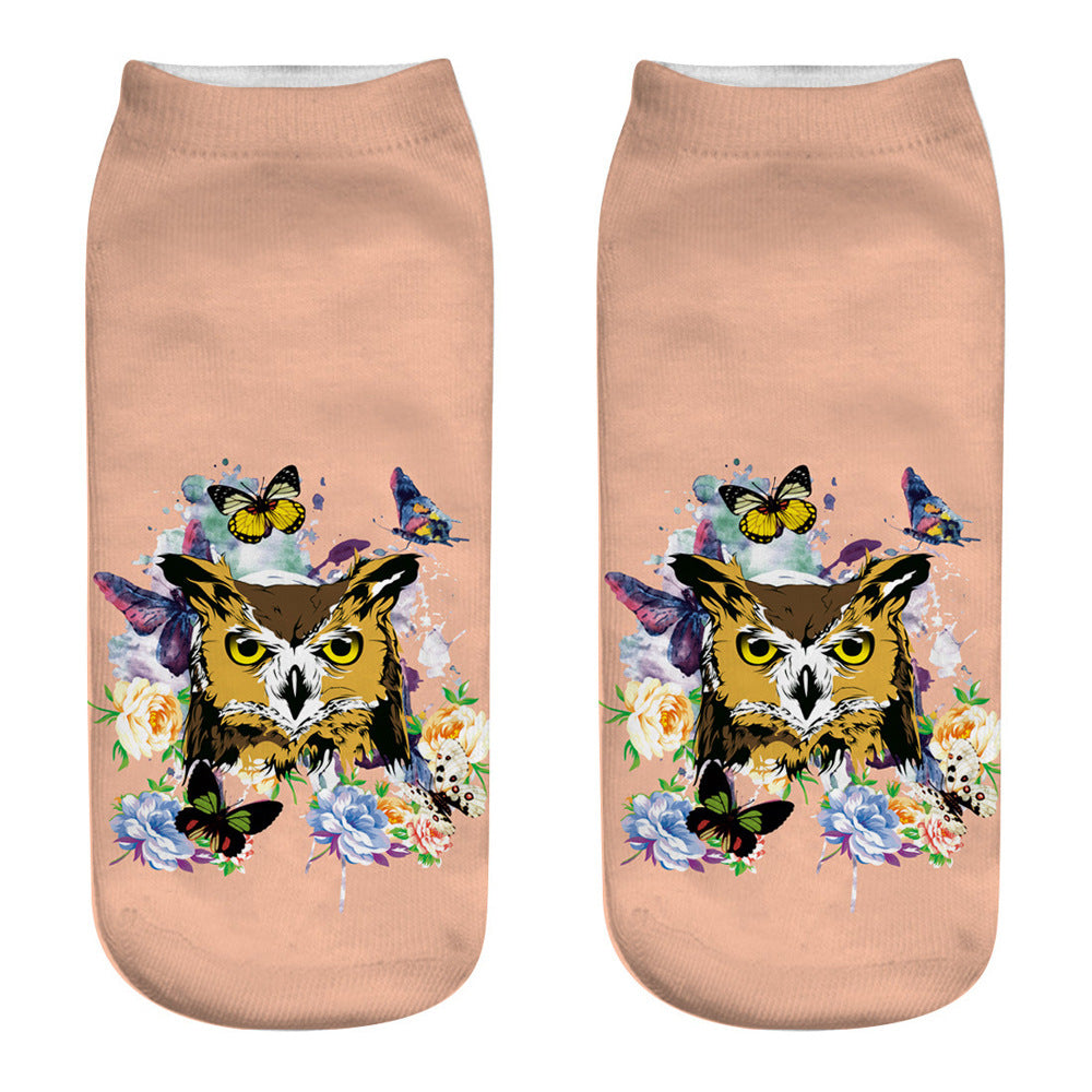 Printed Female Socks Owl Pattern Animal 3D Printed Short Socks