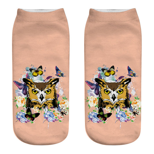 Printed Female Socks Owl Pattern Animal 3D Printed Short Socks