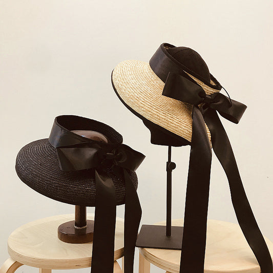 Hepburn Wind Big Ribbon Bowknot Elegant Retro Hollow Top Beach Straw Hat Girl