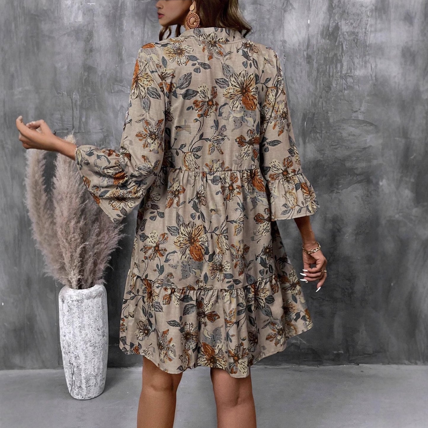 Womens Printed Casual Dress With A Stand-Up Collar