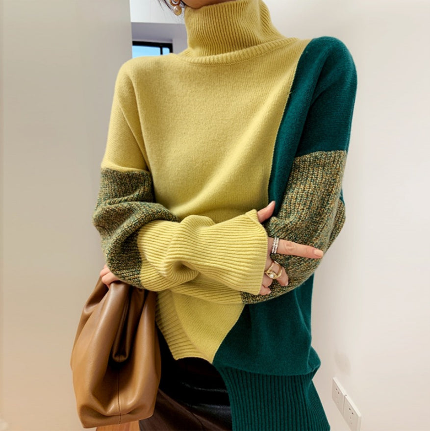 Bestselling Patchwork Color-Block Loose Turtleneck Sweater