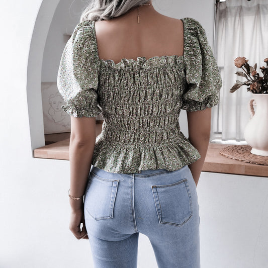 Square Neck Lantern Sleeve Ruffle Floral Chiffon Shirt Top
