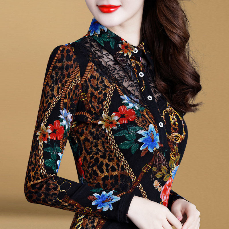 Women's Casual Lace Printed Fleece Warm T-shirt