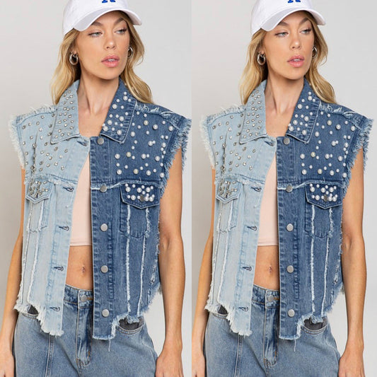 Splicing Beads Loose Women's Short Denim Vest
