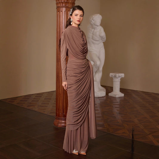 New Stylish Chiffon Wrap Dress With A Pleated Cinched Waist And Long Sleeves