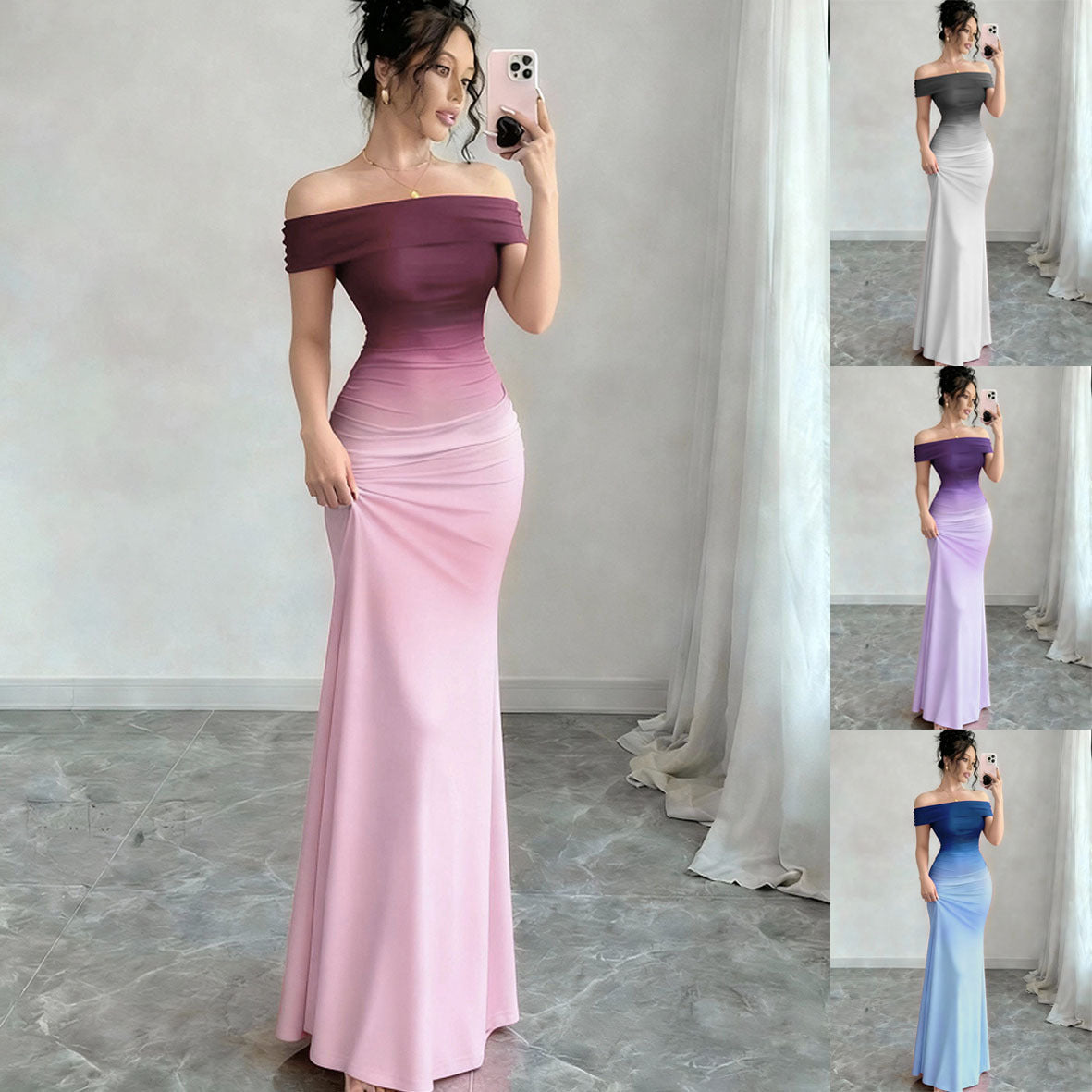 Gradient One Shoulder Sheath Maxi Dress