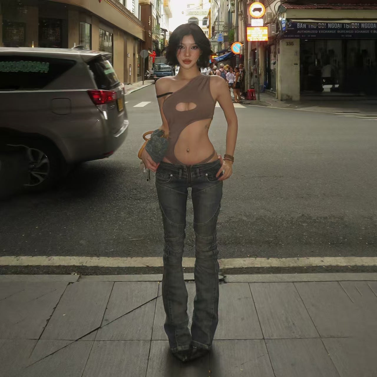 Heavy-duty High-street-style Patchwork Split-design Long Denim Jeans