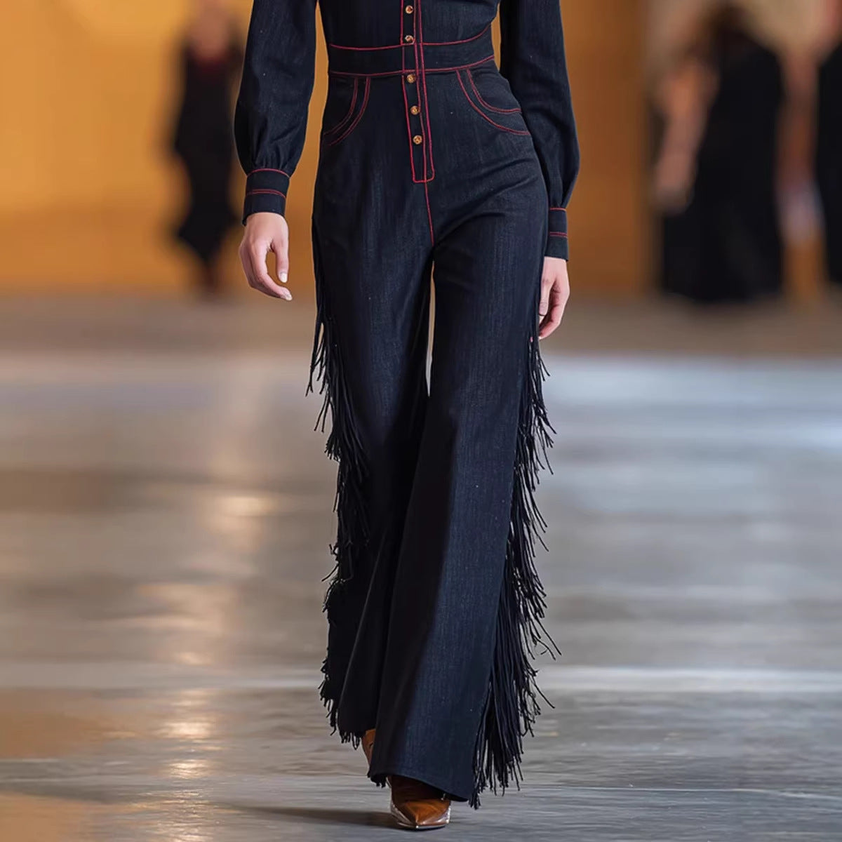 Versatile Long-Sleeve Flared Tassel Jumpsuit