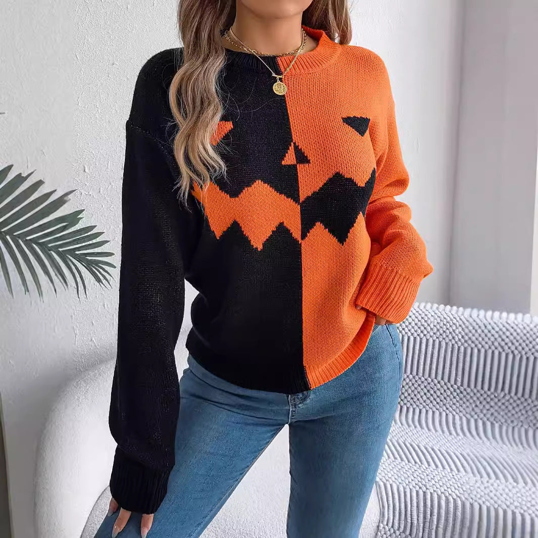 Ghost Pumpkin Contrast Color Long Sleeves Pullover