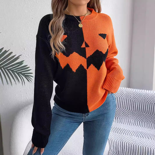 Ghost Pumpkin Contrast Color Long Sleeves Pullover