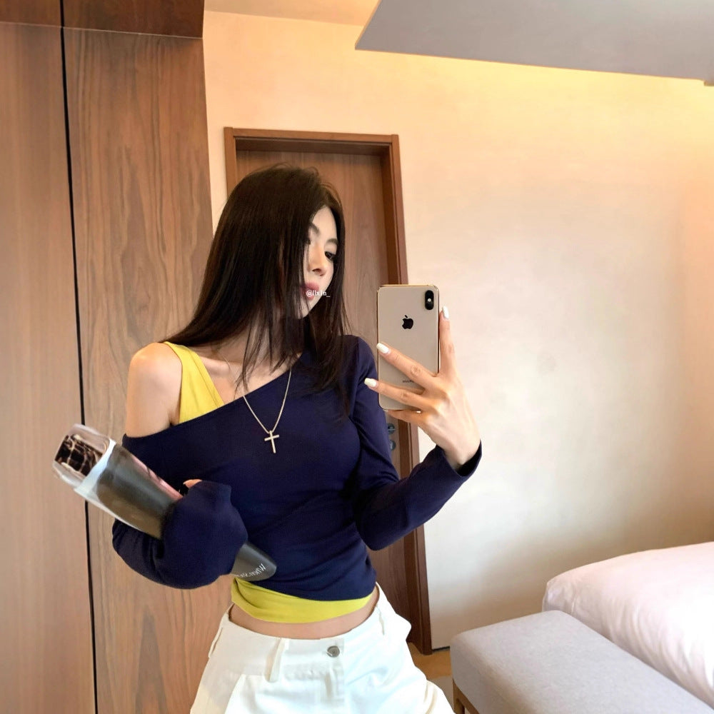 Women's Autumn Design Versatile Slimming Fake Two-Piece Short Top