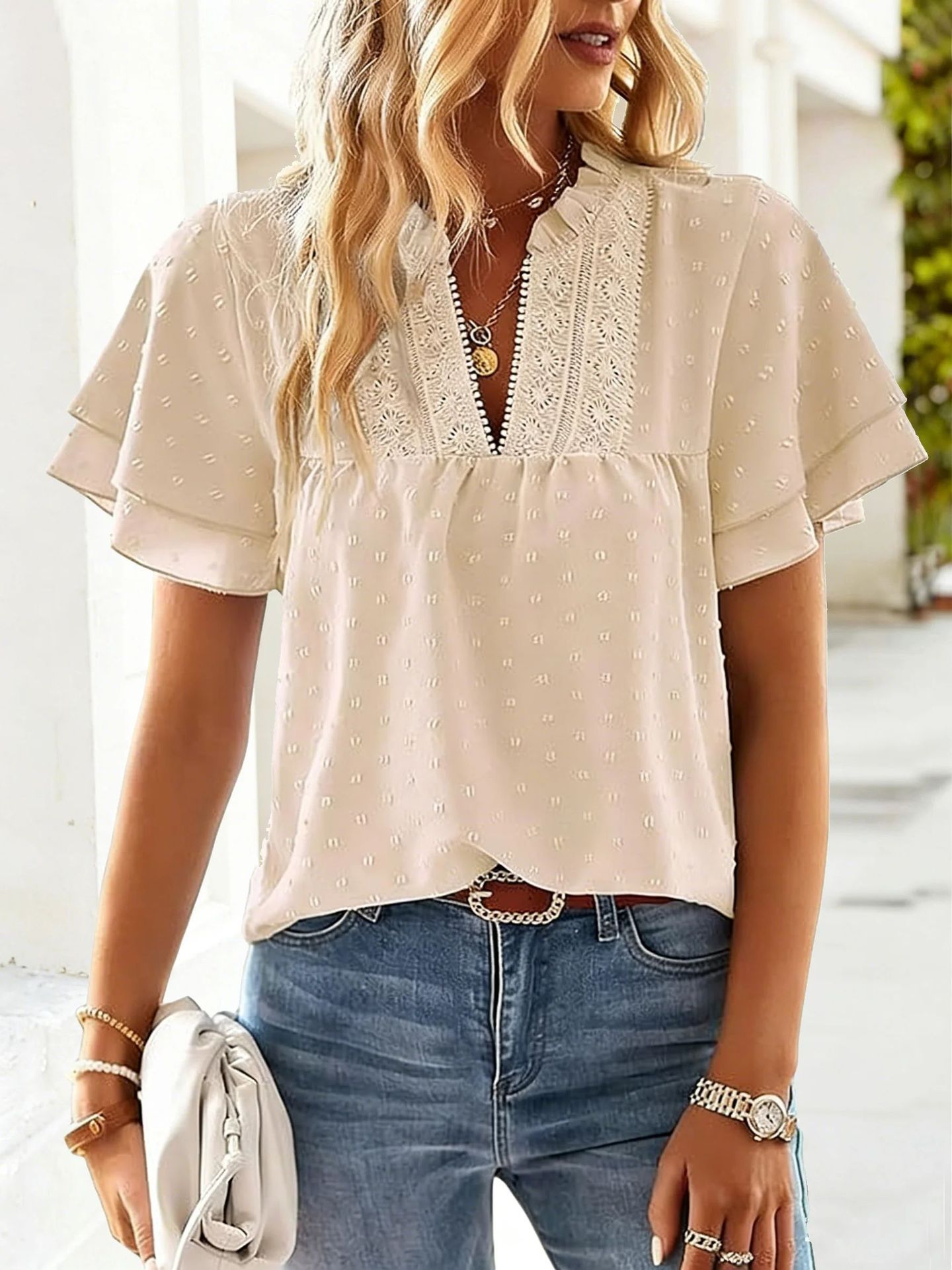 European And American Elegant Resort Style Deep V-Lace Short-Sleeve