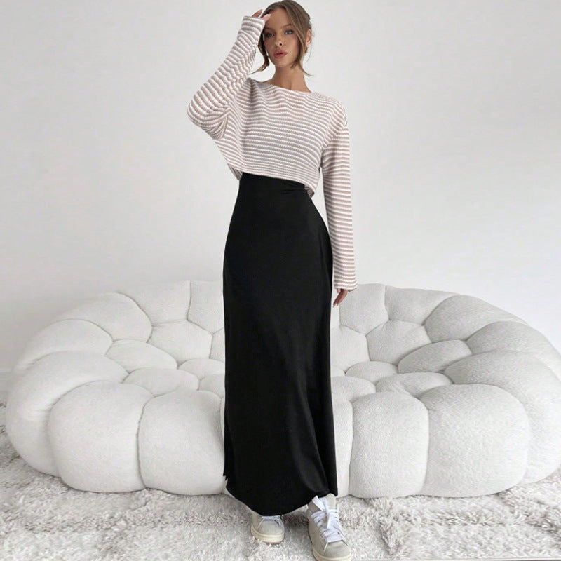 American Style Striped Long Sleeve T-shirt And Suspender Dress Set