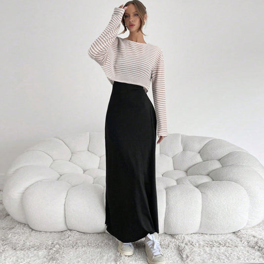 American Style Striped Long Sleeve T-shirt And Suspender Dress Set