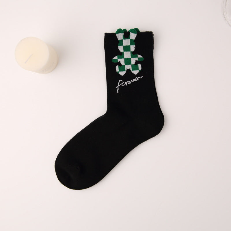 Bow three-dimensional flower cotton socks checkerboard rabbit