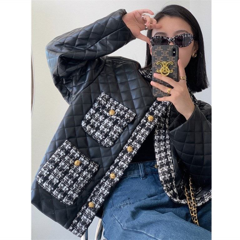 Small Fragrant Tweed Diamond Plaid Pu Leather Cotton Jacket Women's Lapel Jacket