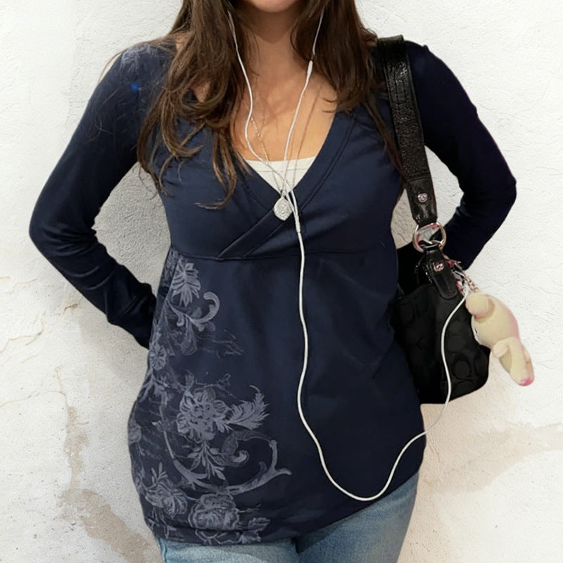Retro Floral-print Ribbed V-neck Slimming Casual Long-sleeve Top