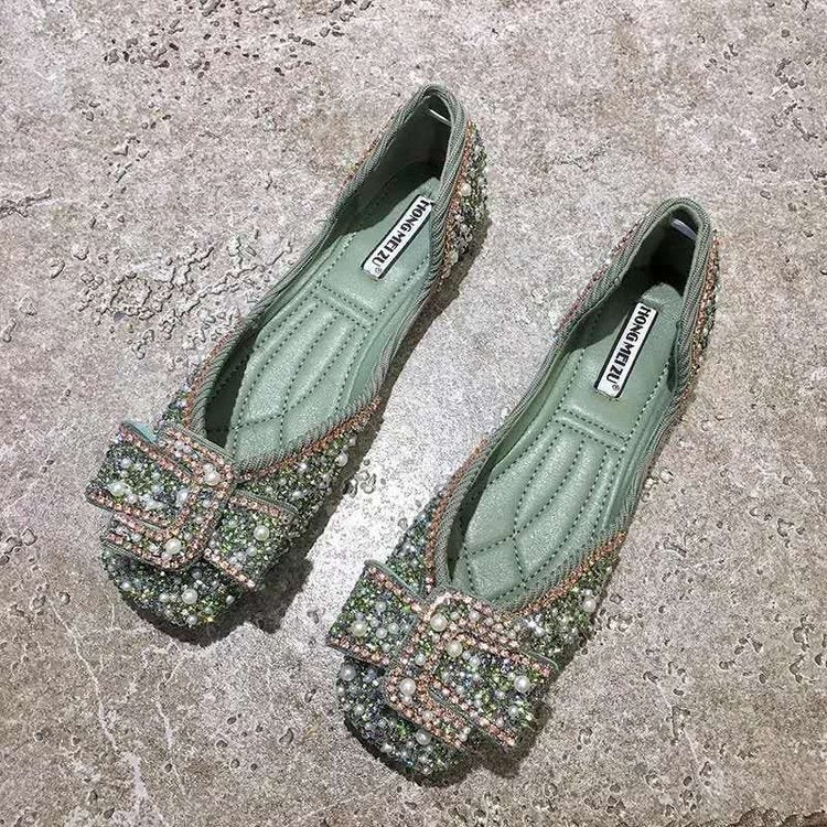 Pearl Rhinestone Shallow Mouth Square Toe Single  Flat Sole Women's Shoes