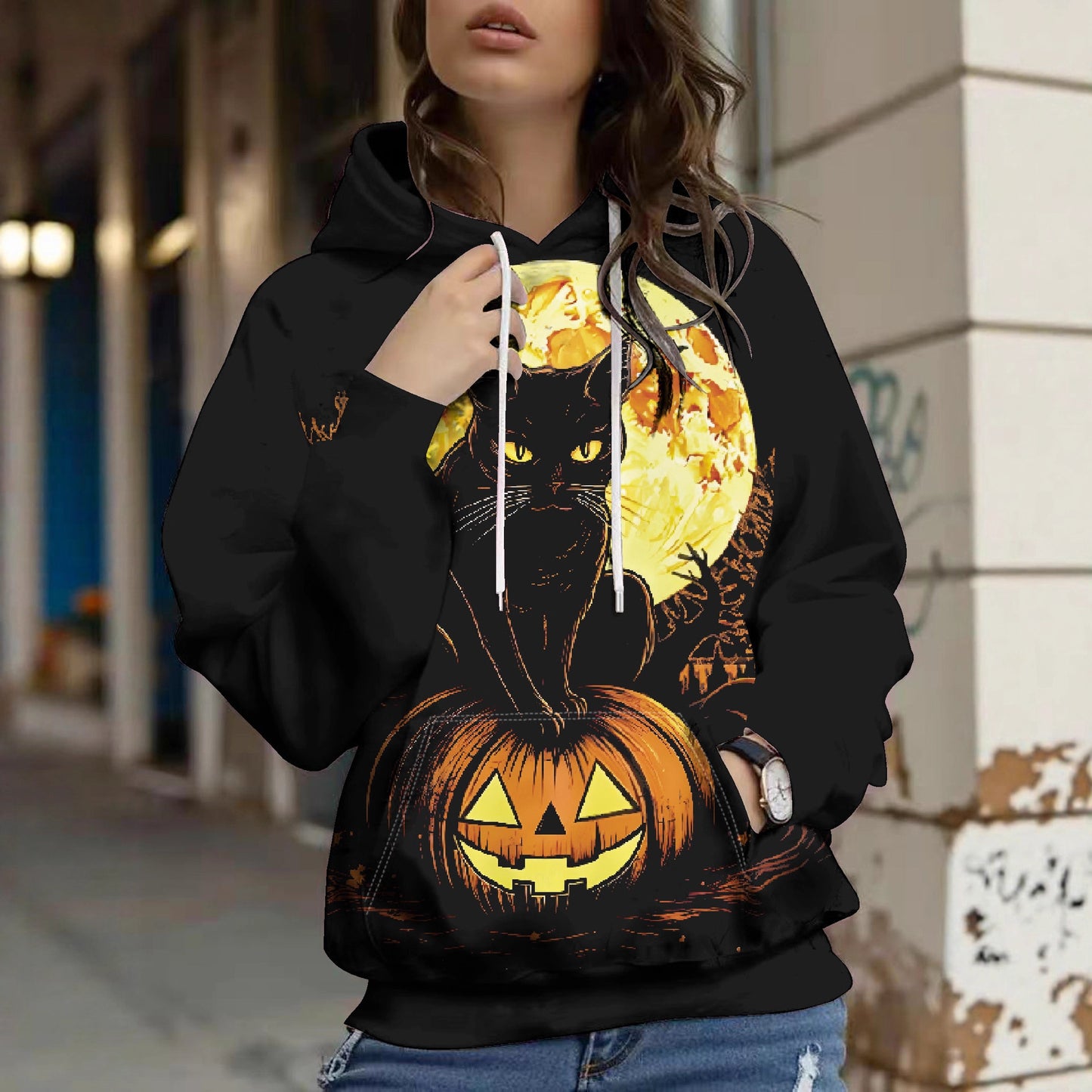 Efterår- og vinter-Halloween-digitalprintet hættetrøje