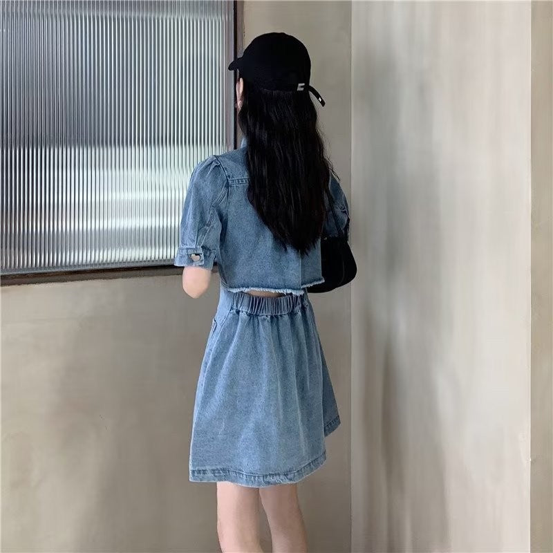 Cleverly Designed Cropped Denim Dress With A Midriff-baring Cut